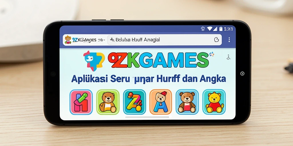 Screenshot aplikasi 9ZKGAMES yang menunjukkan interaksi belajar huruf dan angka.