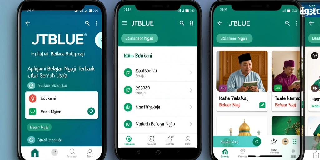 Screenshot JTBLUE menampilkan antarmuka aplikasi Belajar Ngaji yang interaktif.